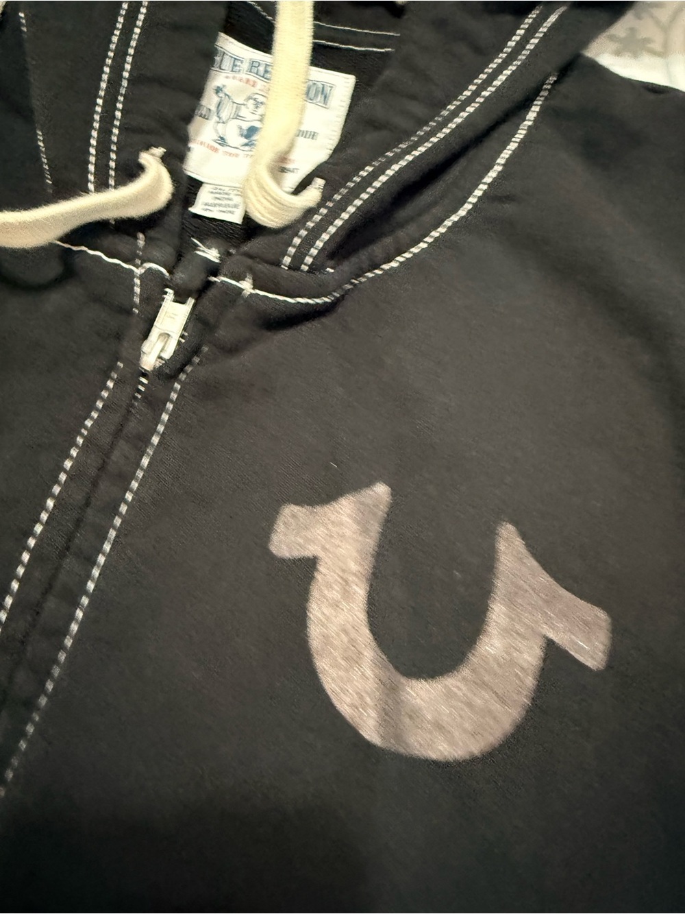 True Religion Black Zip Front Hoodie with Cream Drawstring - Picture 7 of 8